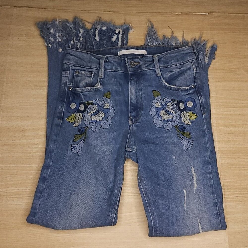 Zara Trafaluc Denimwear Floral Boho Embroidered Fringe Hem Jeans 2